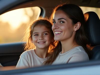 Famiglia felice in auto pulita